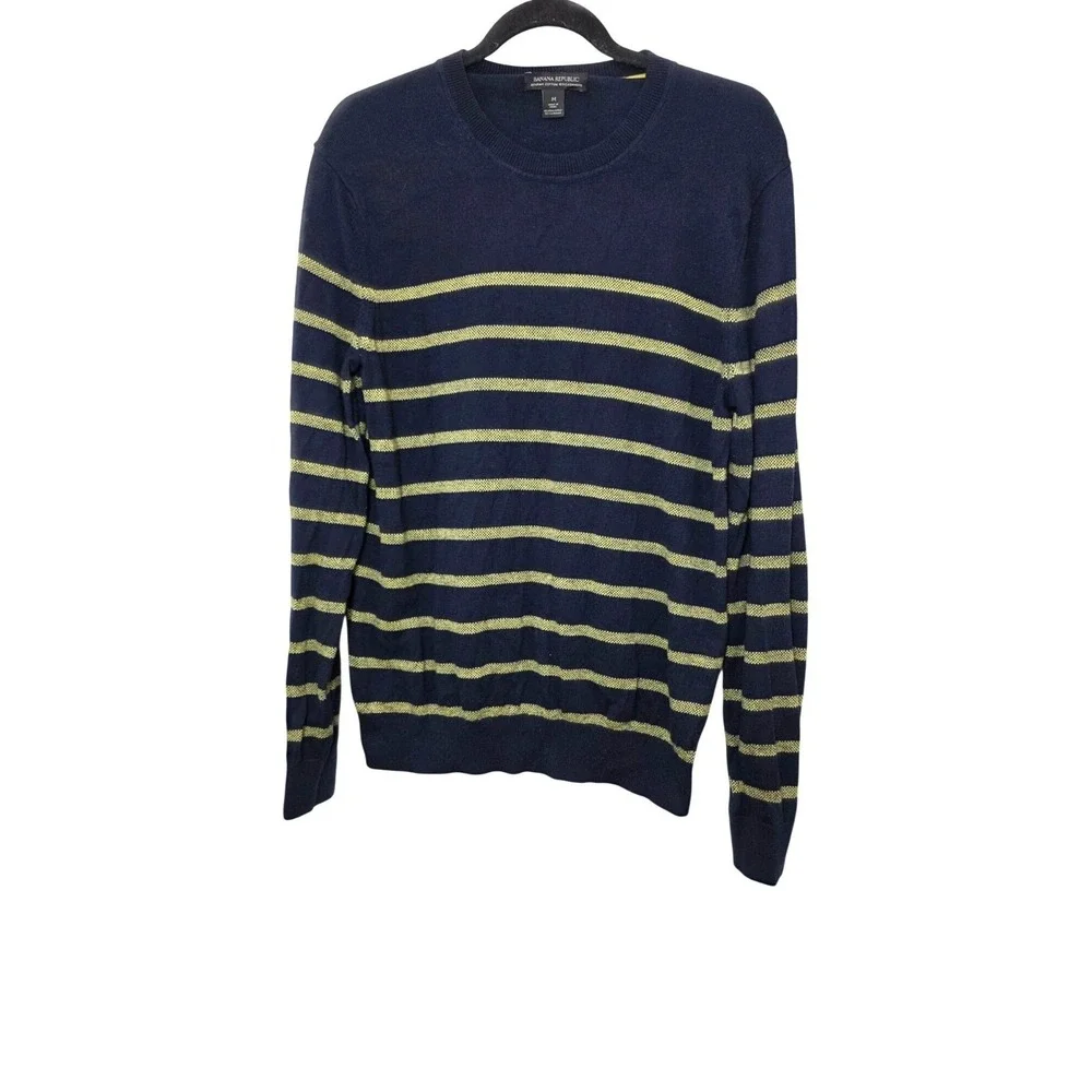 Banana Republic Navy &‎ Yellow Striped Sweater M 85% Pima Cotton 15% Cashmere